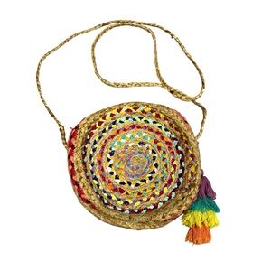 Shiraleah Chicago Jute Woven Round Crossbody Purse Boho Tassel Bag Festival